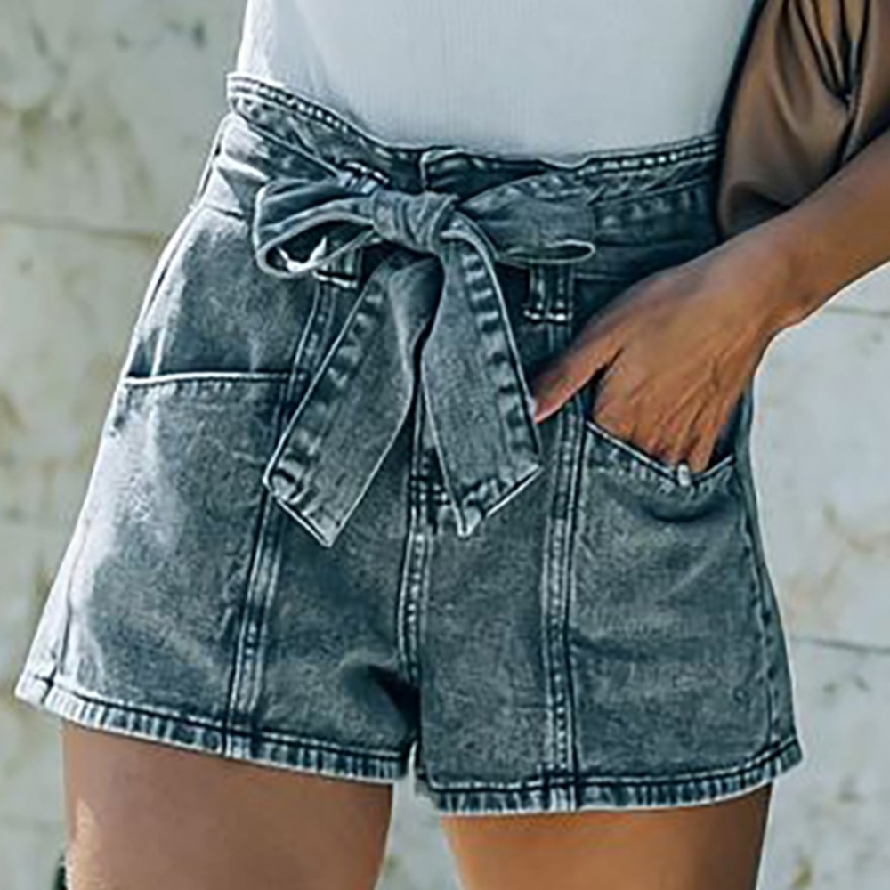 Blueish Gray High Waist Denim Shorts Bow Tie Removable Belt - Picture 6 of 10